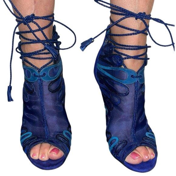 JIMMY CHOO Women's Blue Kafira Mesh Suede Lace Up Peep-Toe Stiletto Heels Sexy - Picture 5 of 11